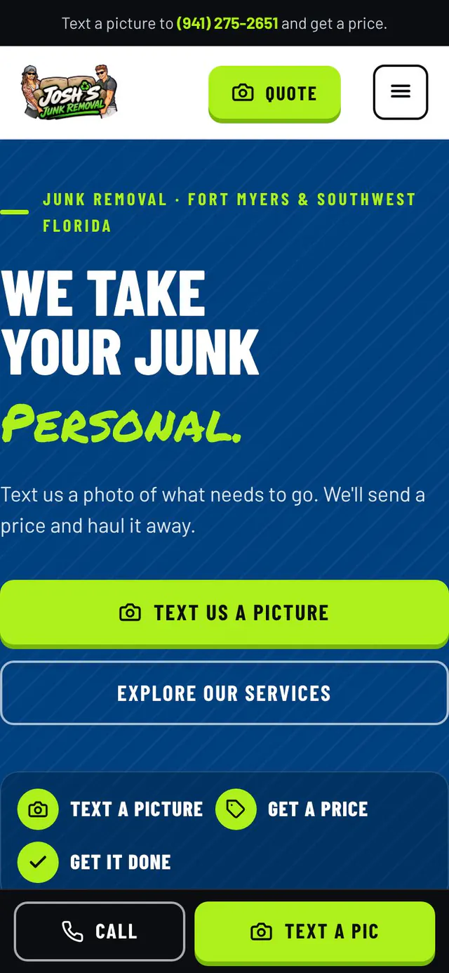 Mobile homepage hero with the Josh’s Junk Removal badge and text-us-a-picture button