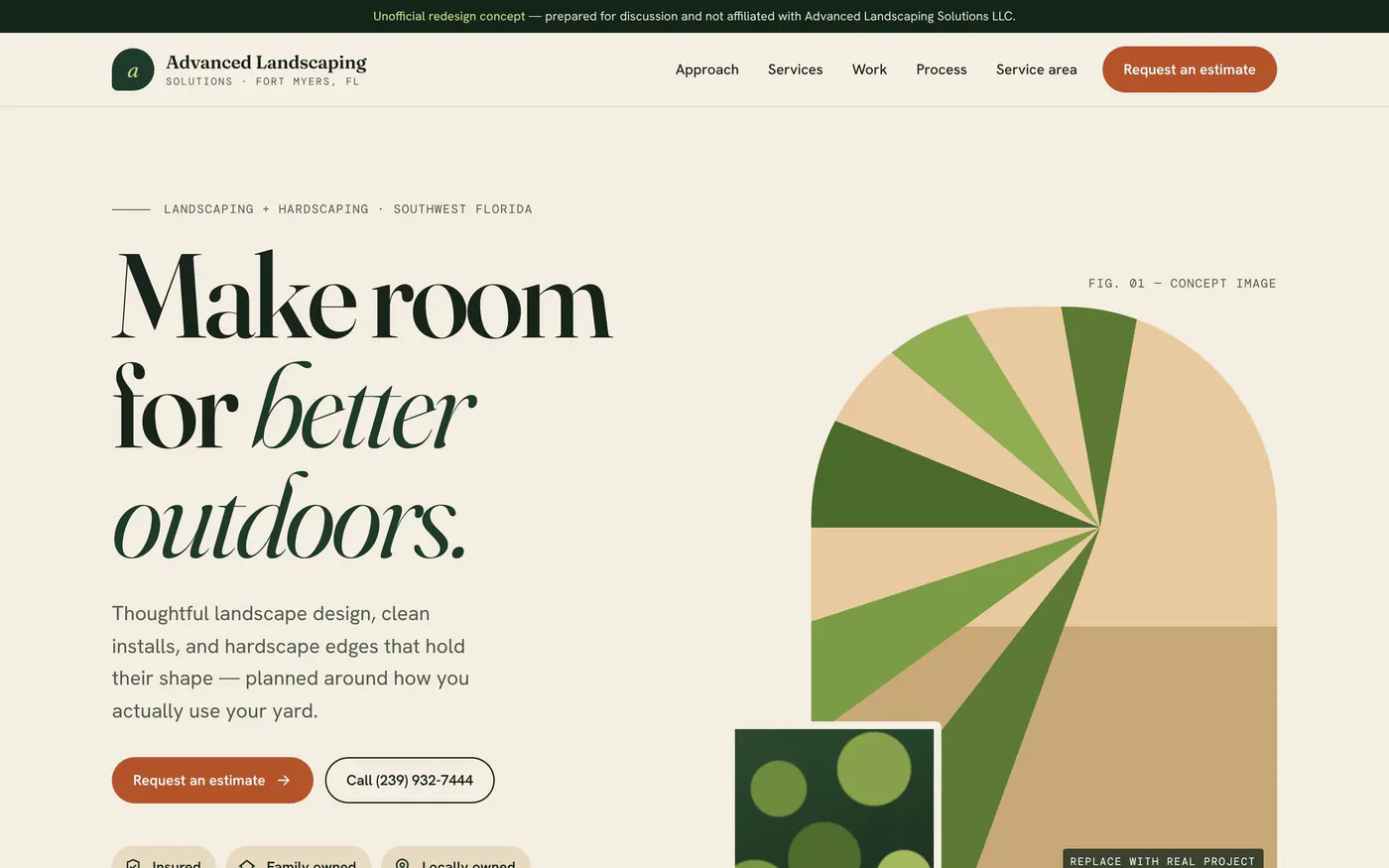 Advanced Landscaping Solutions concept homepage: cream editorial layout with the serif headline Make room for better outdoors