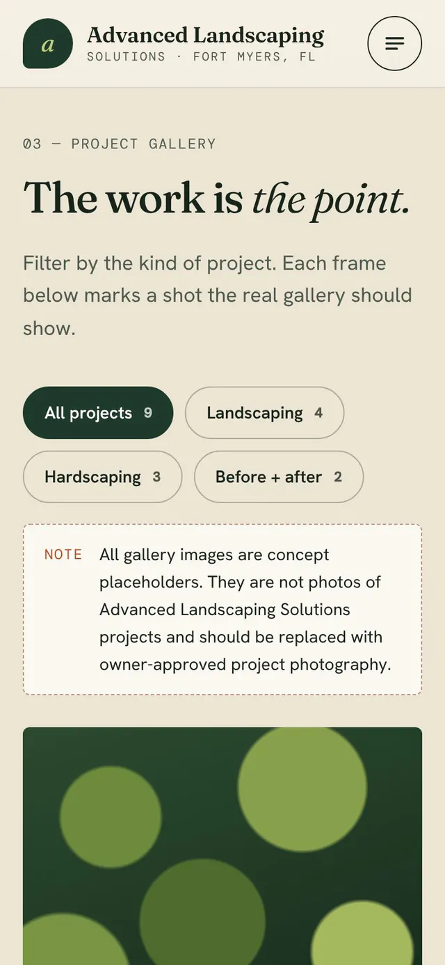 Mobile project gallery with category filters