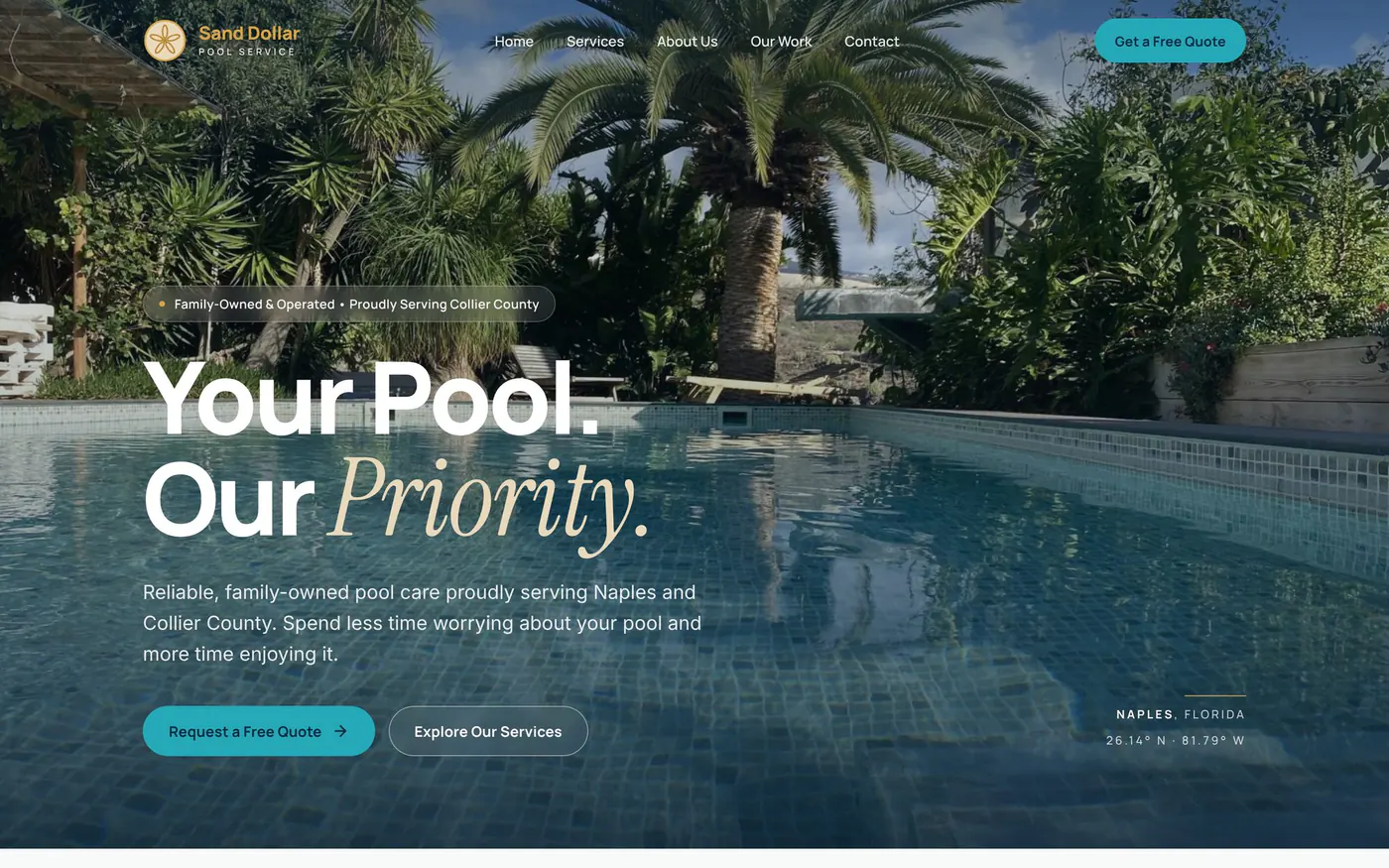 Sand Dollar Pool Service concept homepage: a pool framed by palms under the headline Your Pool. Our Priority.