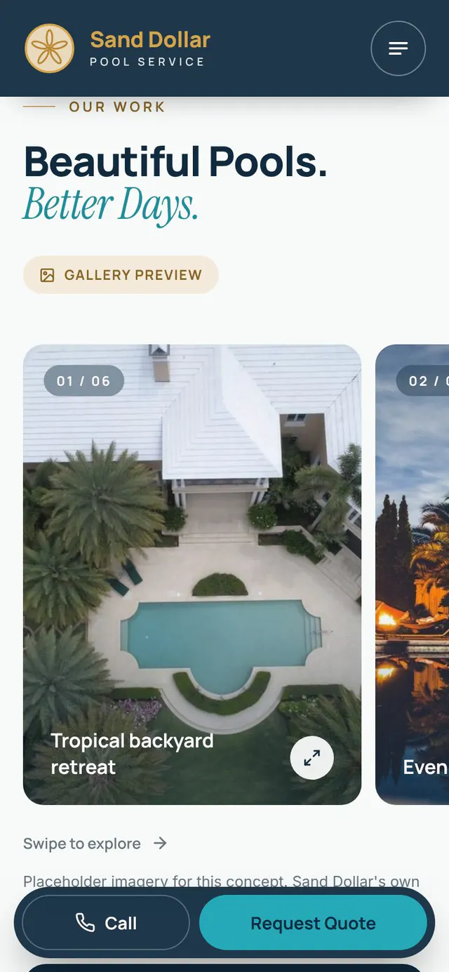 Mobile gallery section, Beautiful Pools. Better Days., as a swipeable carousel