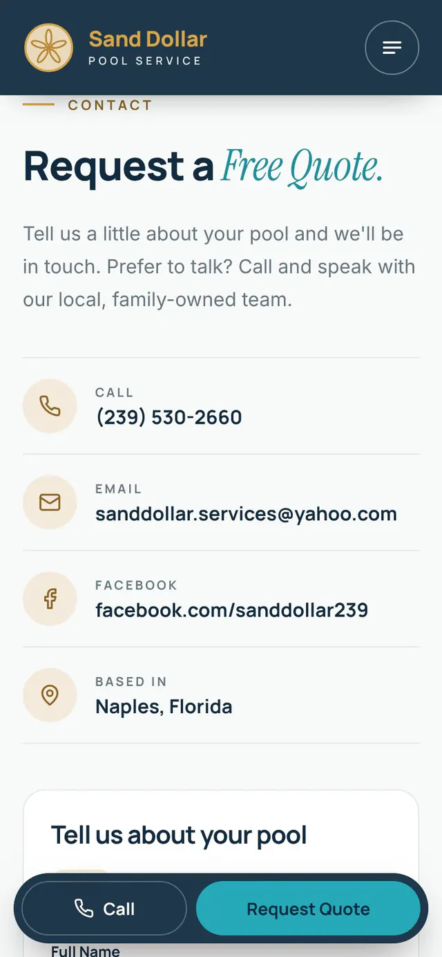Mobile quote request section with contact details